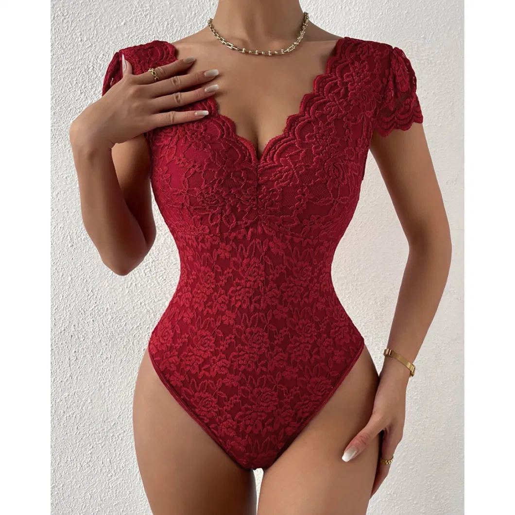 Women′s Solid Color Lace Jumpsuit See Through Deep V Backless Sexy Shapers